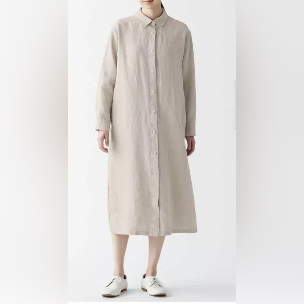 MUJI Womens 100% Linen Washed Long Sleeve Shirt Dress